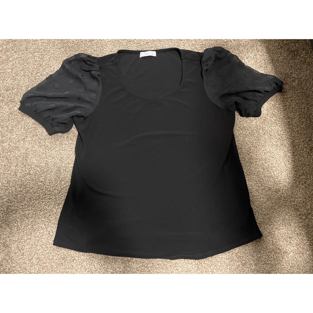 89TH + MADISON Black Puff Sleeve Top Women's L Sheer Dot Detail V-Neck